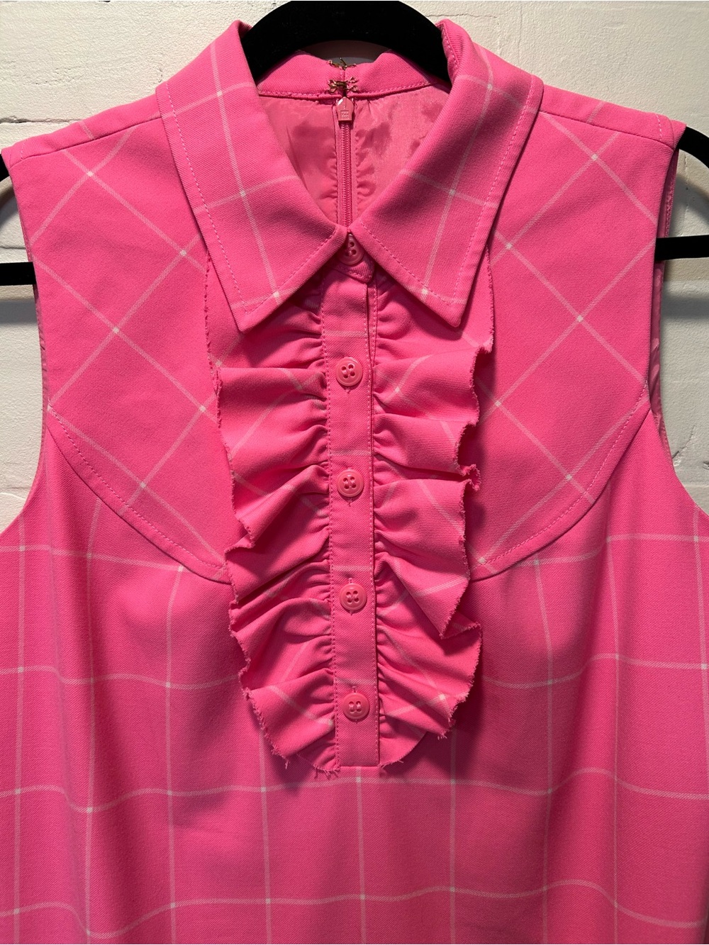 Trina Turk Pink Windowpane Ruffle Front Sleeveless Dress Size 12 - Picture 3 of 7